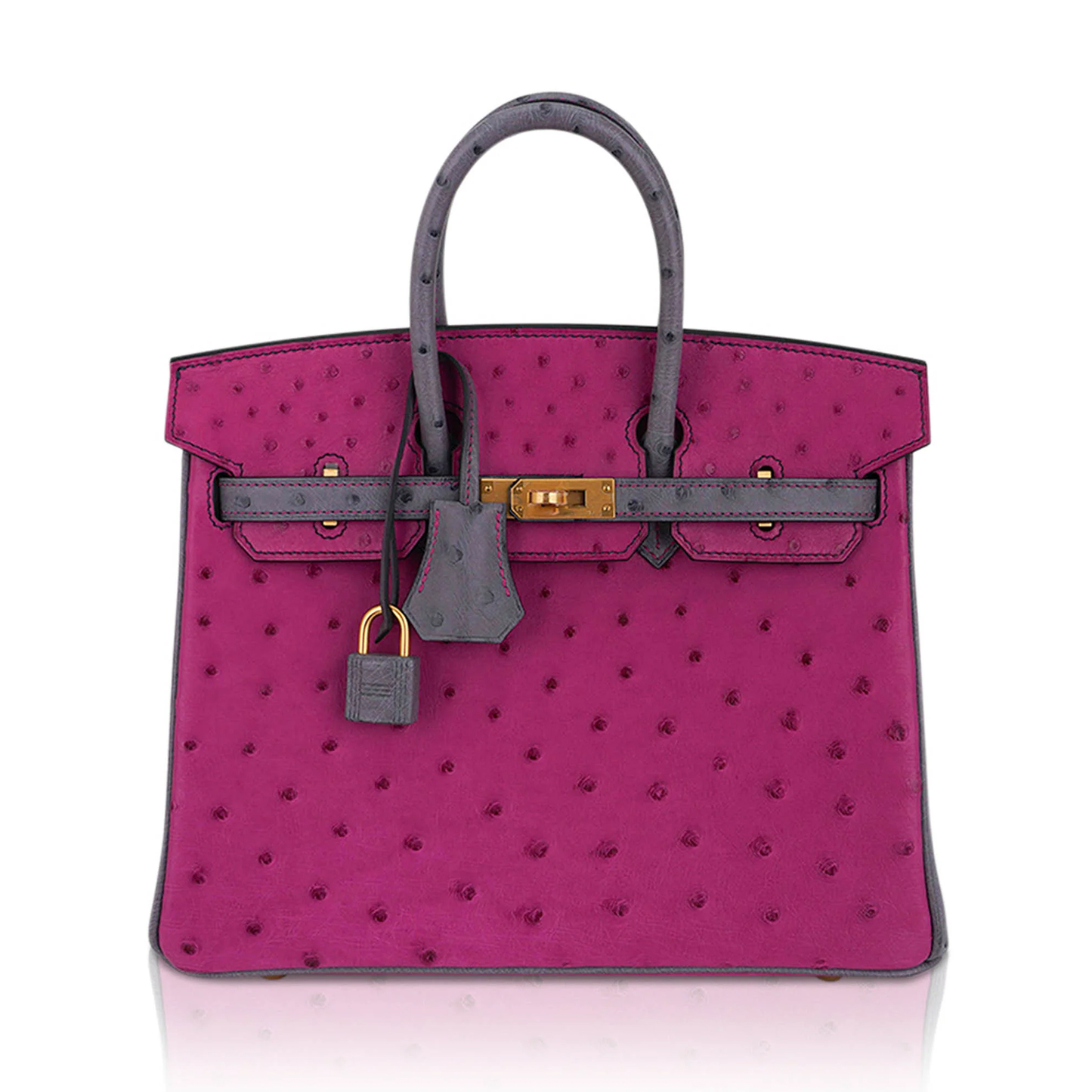 Vivid Fuchsia Magenta Ash Grey Two-Tone Dotted Grain Structured Handheld Tote With Polished Golden Turn-Lock Hardware, Matching Padlock Charm And Base Protective Metal Feet