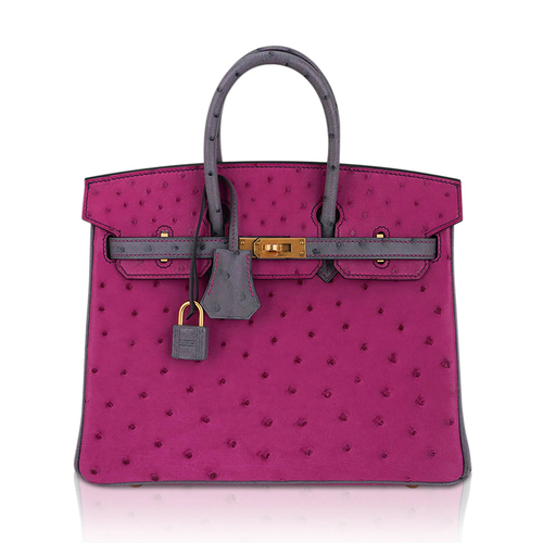 Vivid Fuchsia Magenta Ash Grey Two-Tone Dotted Grain Structured Handheld Tote With Polished Golden Turn-Lock Hardware, Matching Padlock Charm And Base Protective Metal Feet