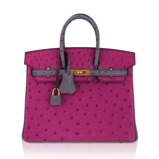 Vivid Fuchsia Magenta Ash Grey Two-Tone Dotted Grain Structured Handheld Tote With Polished Golden Turn-Lock Hardware, Matching Padlock Charm And Base Protective Metal Feet