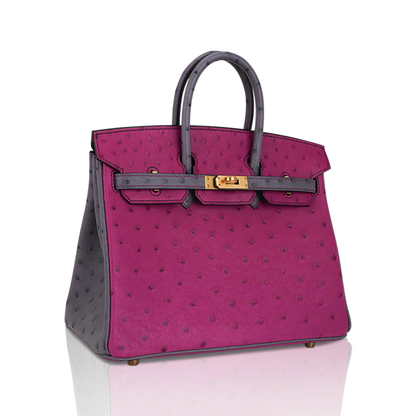 Vivid Fuchsia Magenta Ash Grey Two-Tone Dotted Grain Structured Handheld Tote With Polished Golden Turn-Lock Hardware, Matching Padlock Charm And Base Protective Metal Feet