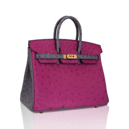 Vivid Fuchsia Magenta Ash Grey Two-Tone Dotted Grain Structured Handheld Tote With Polished Golden Turn-Lock Hardware, Matching Padlock Charm And Base Protective Metal Feet