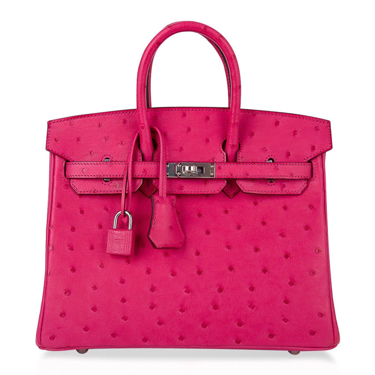 Vivid Jewel Hot Pink Dotted Indentation Structured Hand Tote With Polished Silvery Twist Lock Hardware, Matching Hanging Padlock And Base Defensive Metal Studs