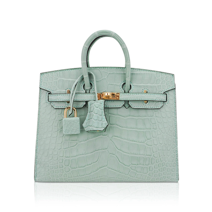 Soft Mint Seafoam Green Scale Embossed Compact Sellier Hand Tote With Crisp Angular Stitching, Polished Golden Twist Lock Hardware And Matching Suspended Padlock Charm