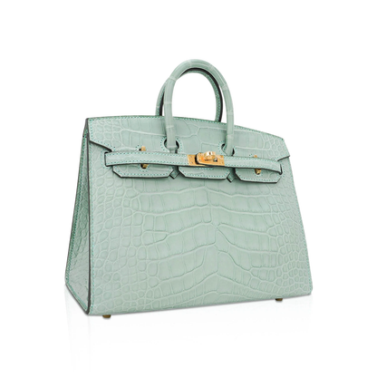 Soft Mint Seafoam Green Scale Embossed Compact Sellier Hand Tote With Crisp Angular Stitching, Polished Golden Twist Lock Hardware And Matching Suspended Padlock Charm