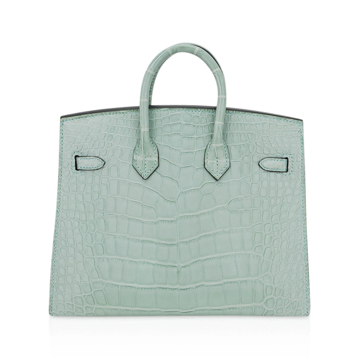 Soft Mint Seafoam Green Scale Embossed Compact Sellier Hand Tote With Crisp Angular Stitching, Polished Golden Twist Lock Hardware And Matching Suspended Padlock Charm