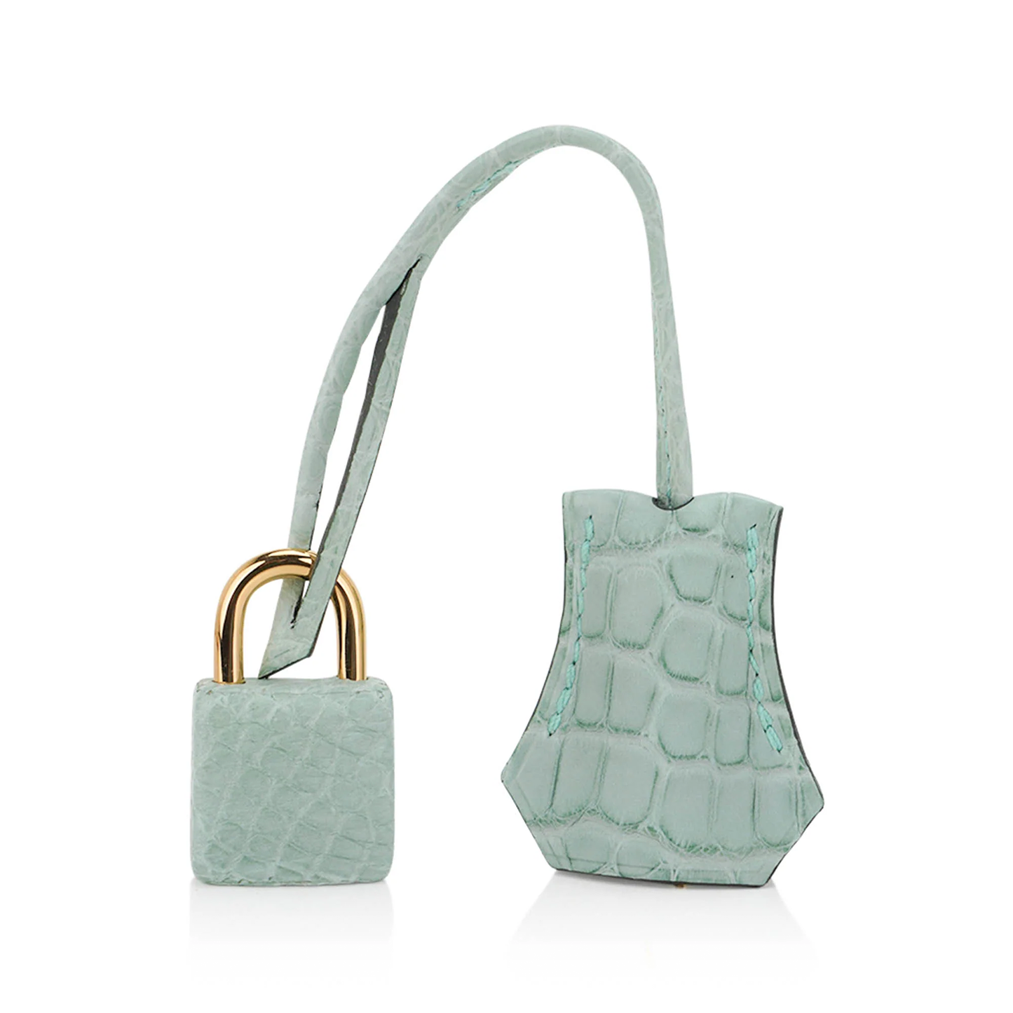 Soft Mint Seafoam Green Scale Embossed Compact Sellier Hand Tote With Crisp Angular Stitching, Polished Golden Twist Lock Hardware And Matching Suspended Padlock Charm