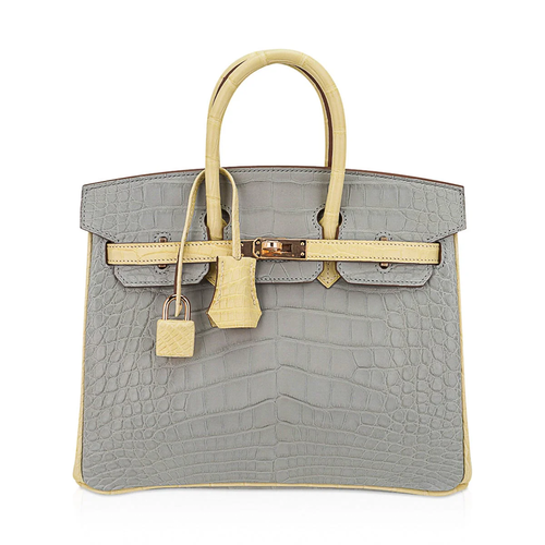 Muted Pearl Grey Vanilla Cream Two-Tone Scale Embossed Structured Hand Tote With Warm Rose-Toned Twist Lock Hardware, Coordinating Hanging Padlock Charm And Base Defensive Metal Studs