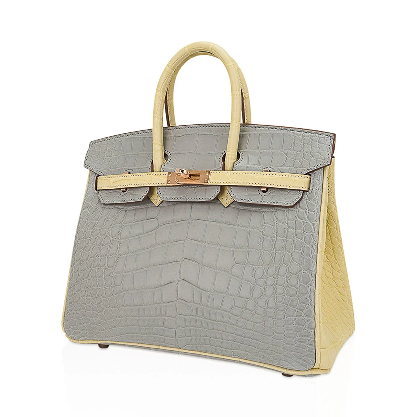 Muted Pearl Grey Vanilla Cream Two-Tone Scale Embossed Structured Hand Tote With Warm Rose-Toned Twist Lock Hardware, Coordinating Hanging Padlock Charm And Base Defensive Metal Studs
