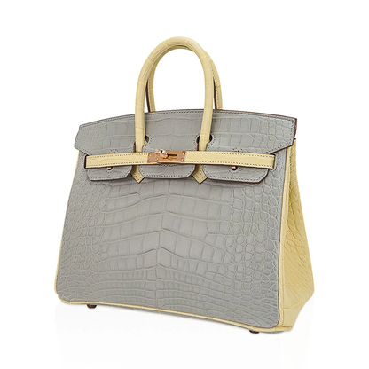Muted Pearl Grey Vanilla Cream Two-Tone Scale Embossed Structured Hand Tote With Warm Rose-Toned Twist Lock Hardware, Coordinating Hanging Padlock Charm And Base Defensive Metal Studs