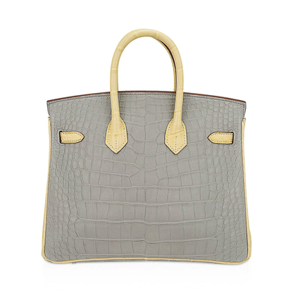 Muted Pearl Grey Vanilla Cream Two-Tone Scale Embossed Structured Hand Tote With Warm Rose-Toned Twist Lock Hardware, Coordinating Hanging Padlock Charm And Base Defensive Metal Studs