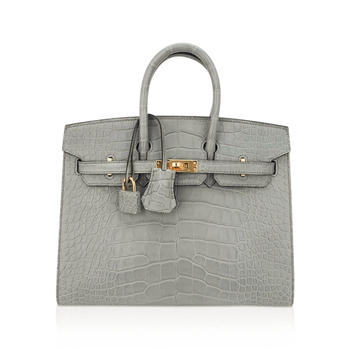 Muted Concrete Grey Large Scale Embossed Compact Sellier Hand Tote With Sharp Tailored Seams, Polished Golden Twist Lock Hardware And Matching Suspended Lock Charm